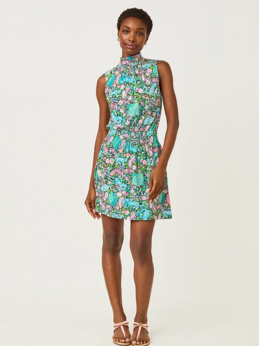 Lilly Pulitzer Mock-Neck Floral Mini Dress in Green and Pink
